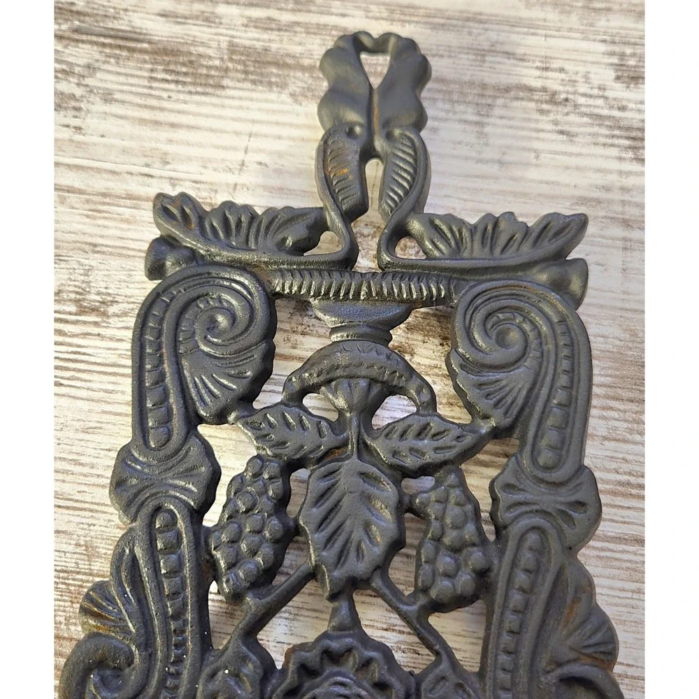 Set of 2 Vintage Cast Iron Trivets Floral Scrollwork Grape Rose Design 103 Black